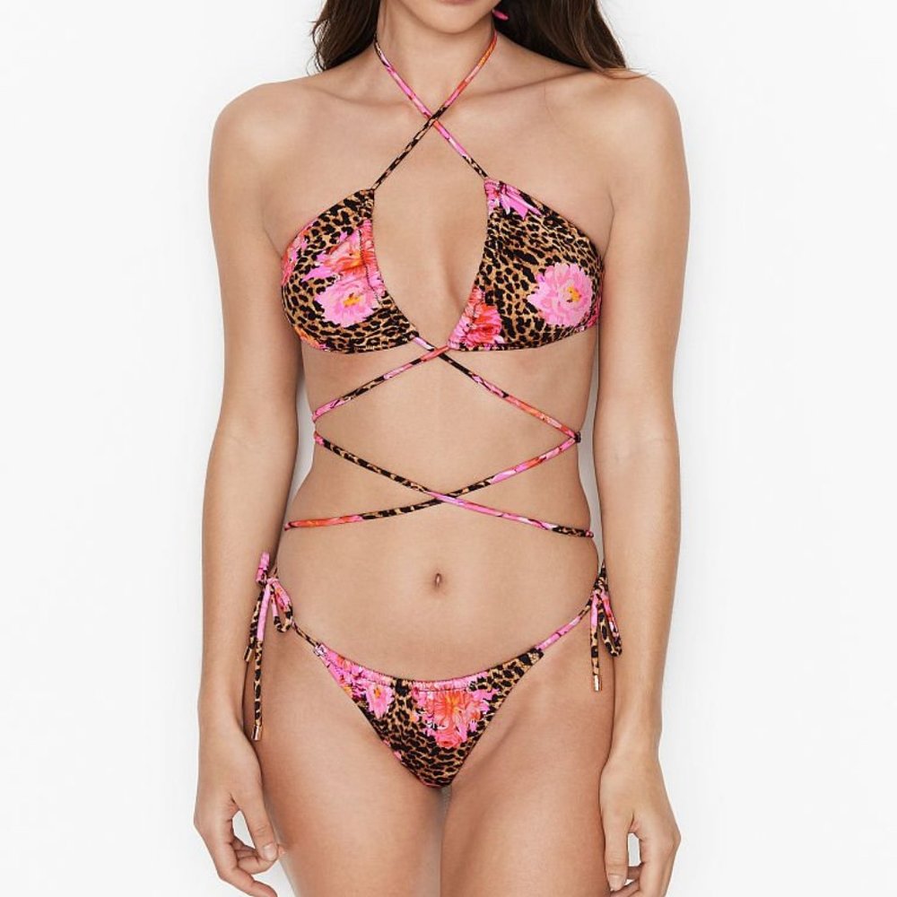 Victoria Secret SWIM Strappy WRAP TRIANGLE TOP & BRAZILIAN BOTTOM + SARONG, Sz L